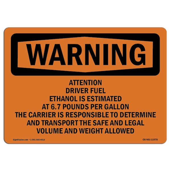 OSHA WARNING, 18" Width, Alum, 18" W, 24" L, Landscape, Attention Driver Fuel Ethanol Is Estimated